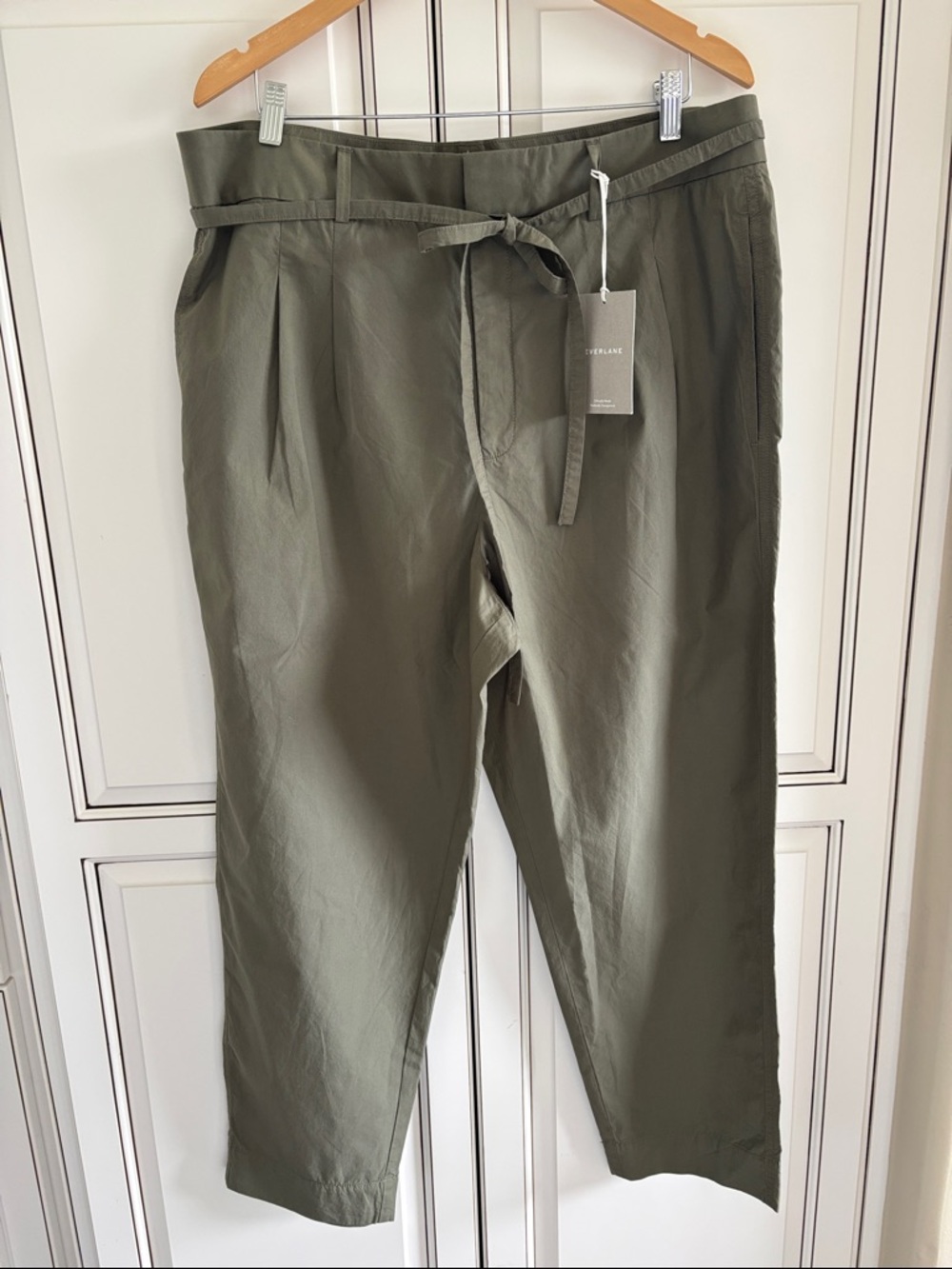 Everlane Poplin Pleated Taper Pants Cotton Olive Green Travel Womens Size 16 - Picture 1 of 14